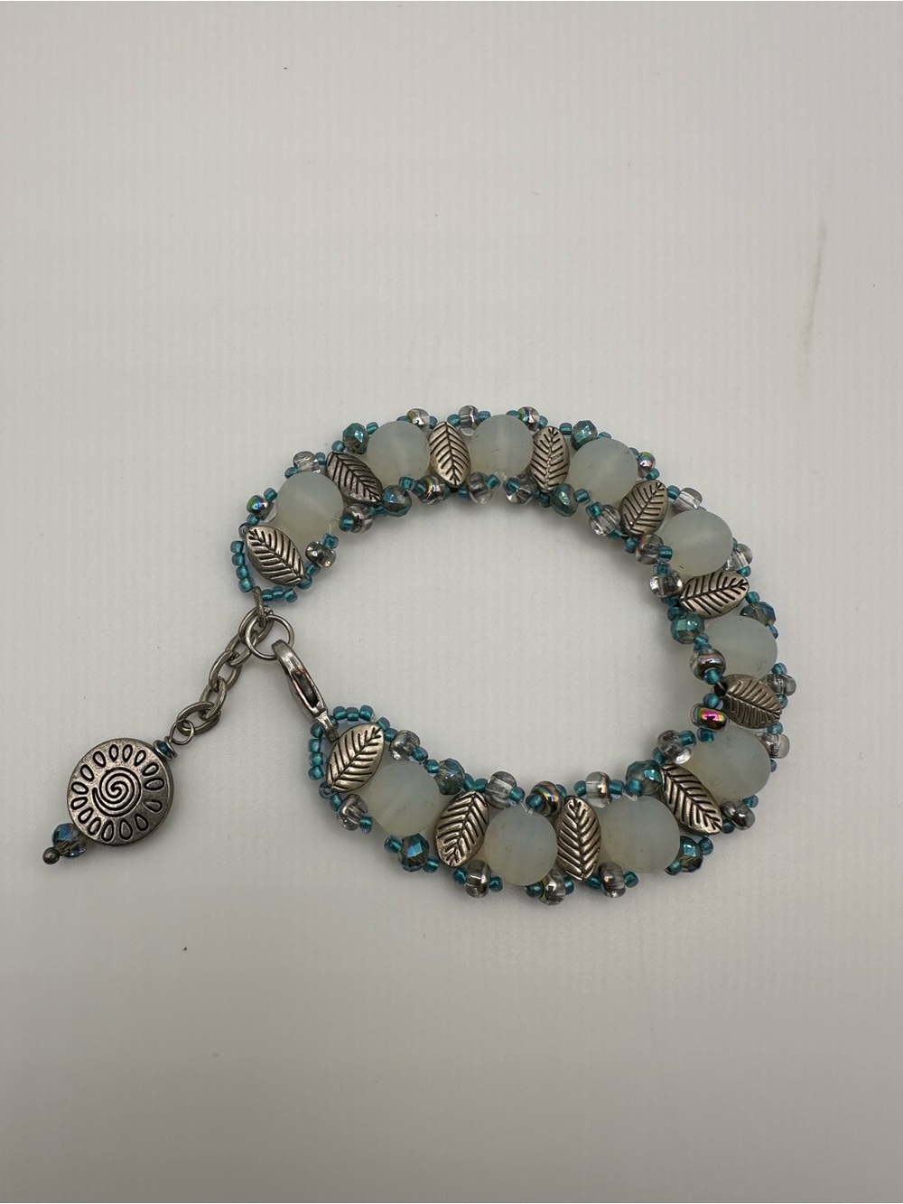 Aqua Bead and Silver Leaf Bracelet